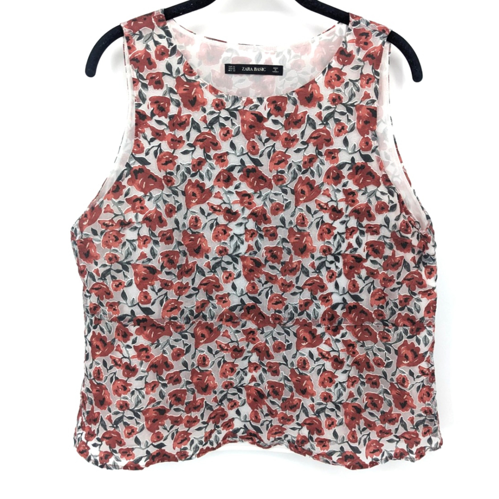 Zara Basic Sleeveless Blouse Womens‎ XL Red Floral Sheer Lightweight Tank Top